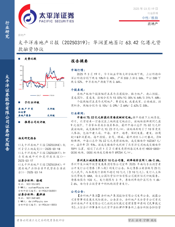 房地产日报：华润置地签订63.42亿港元贷款融资协议