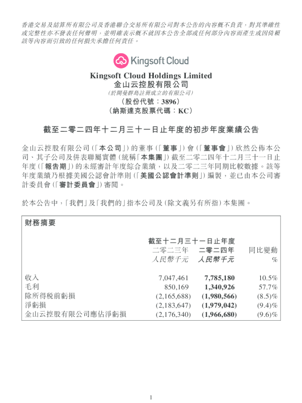 金山云：截至二零二四年十二月三十一日止年度的初步年度业绩公告