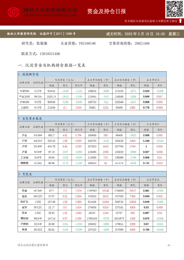 资金及持仓日报（20250319）
