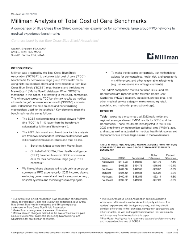 Milliman对护理总成本基准的分析