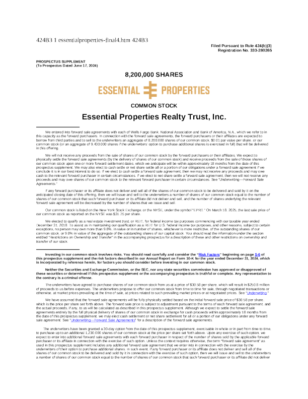 Essential Properties Realty Trust Inc美股招股说明书(2025-03-20版)