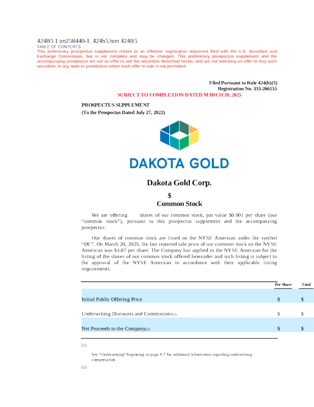 Dakota Gold Corp 美股招股说明书（2025-03-20版）