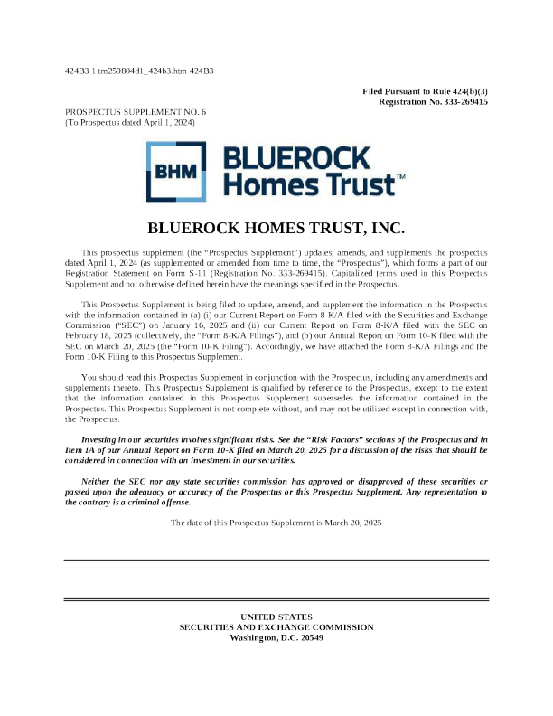 Bluerock Homes Trust Inc-A美股招股说明书(2025-03-20版)