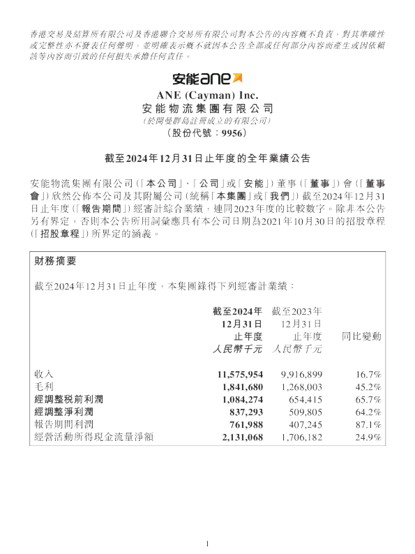 安能物流：截至2024年12月31日止年度的全年业绩公告