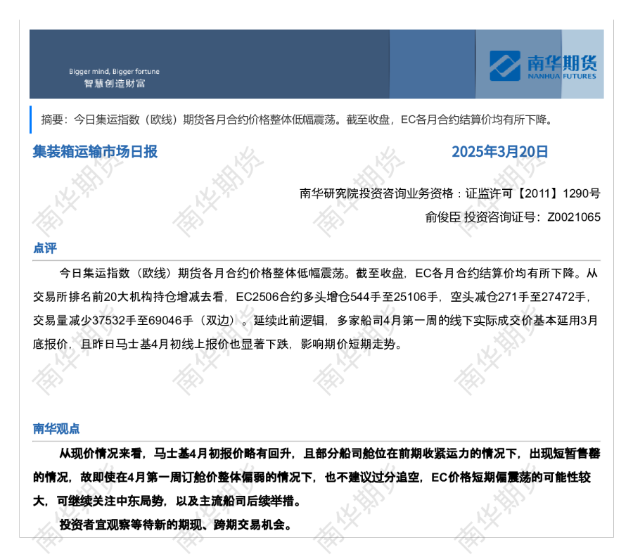南华集运日报20250320