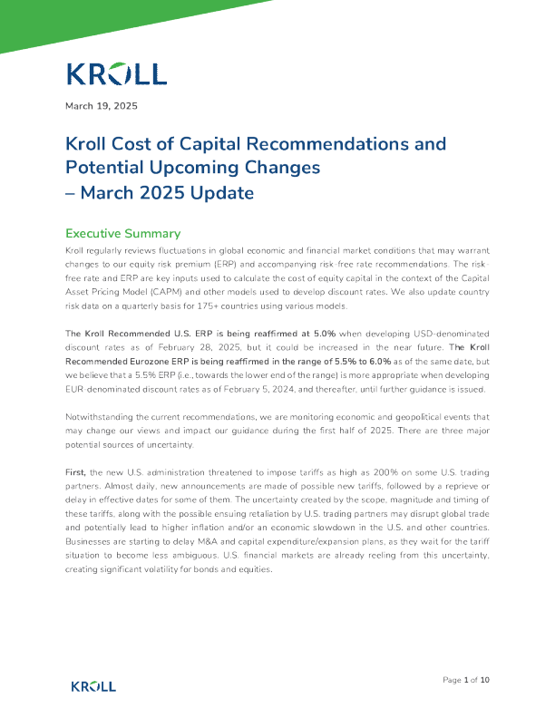 Kroll英国和加拿大标准化无风险利率指引