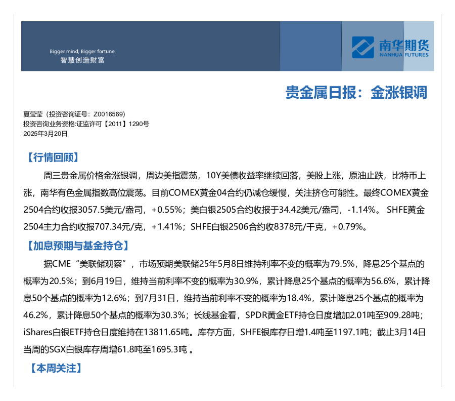贵金属日报：金涨银调