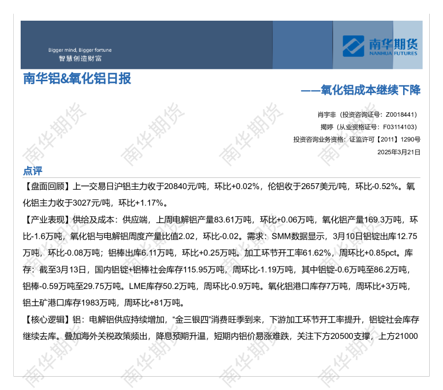 南华铝&氧化铝日报：氧化铝成本继续下降