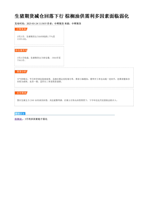 生猪期货减仓回落下行 棕榈油供需利多因素面临弱化