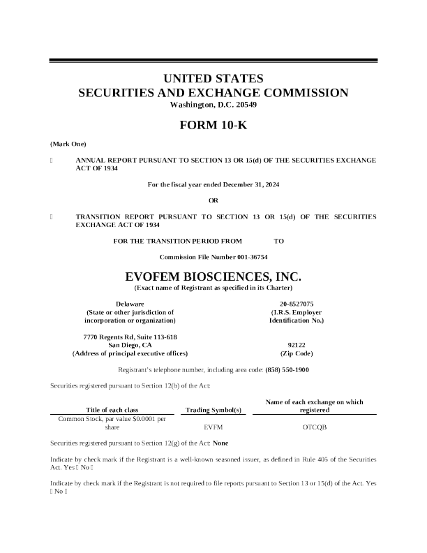 Evofem Biosciences Inc 2024年度报告