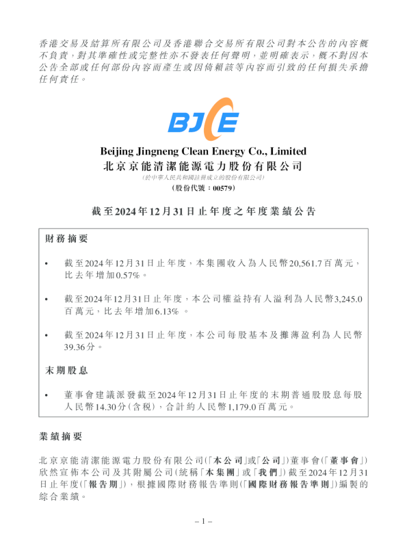 京能清洁能源：截至2024年12月31日止年度之年度业绩公告