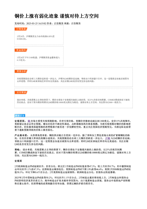 铜价上涨有弱化迹象 谨慎对待上方空间
