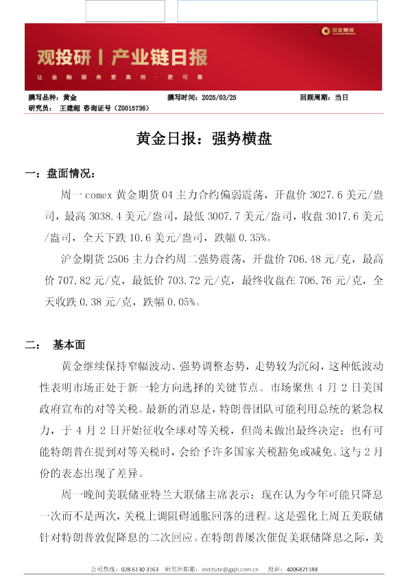 黄金日报：强势横盘