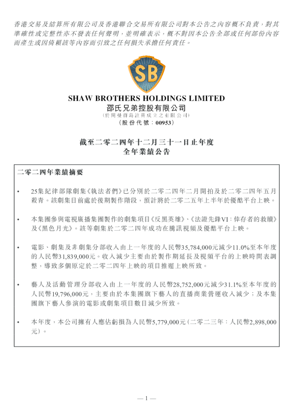 邵氏兄弟控股：截至二零二四年十二月三十一日止年度 全年业绩公告