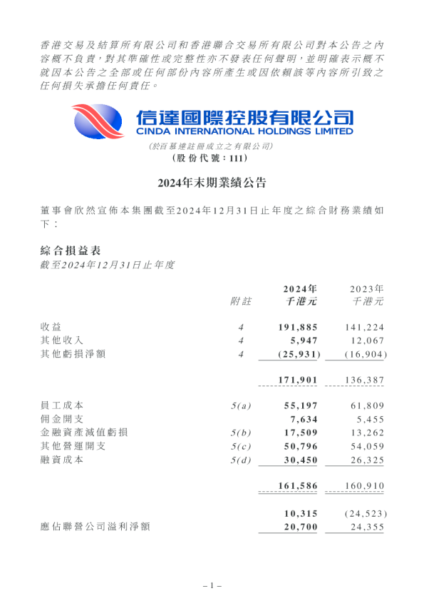信达国际控股：2024年末期业绩公告