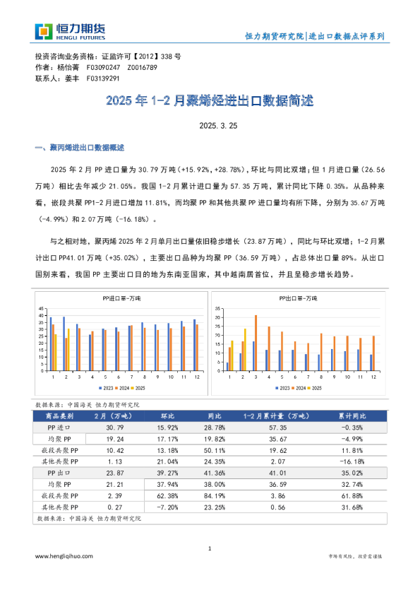 进出口数据点评系列：2025年1-2月聚烯烃进出口数据简述