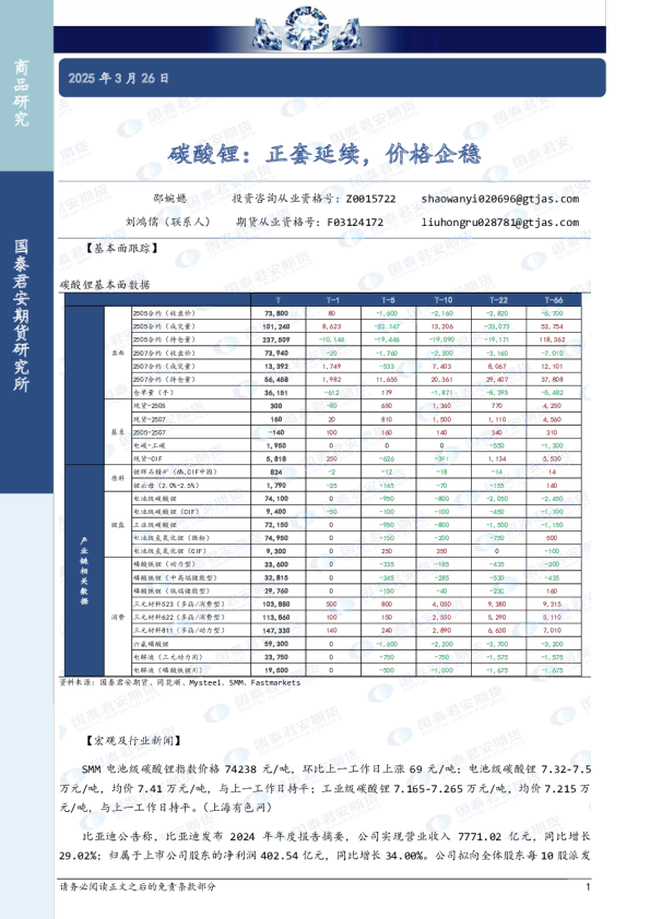 碳酸锂：正套延续，价格企稳