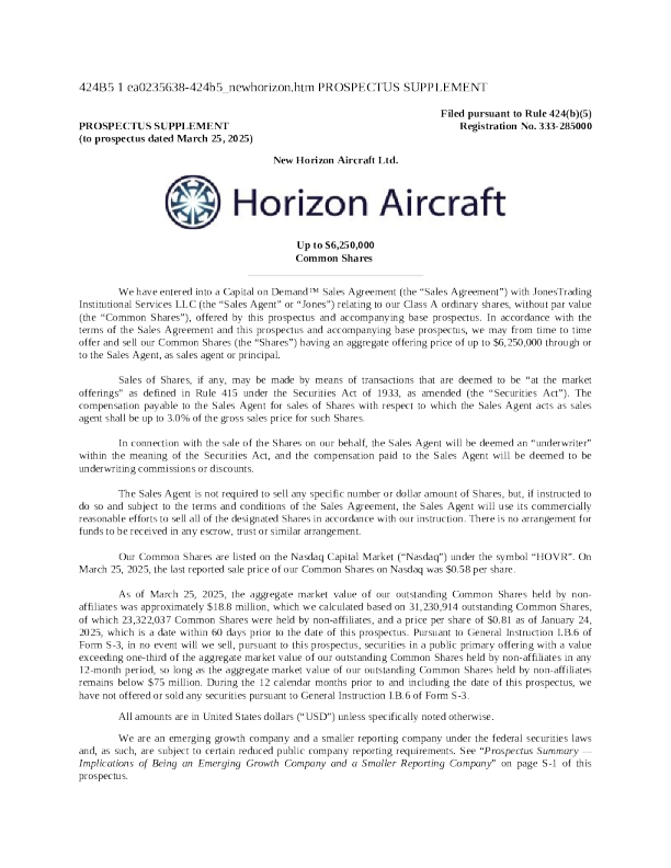 New Horizon Aircraft Ltd-A美股招股说明书(2025-03-26版)
