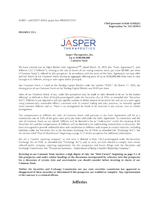 Jasper Therapeutics Inc-A美股招股说明书(2025-03-26版)