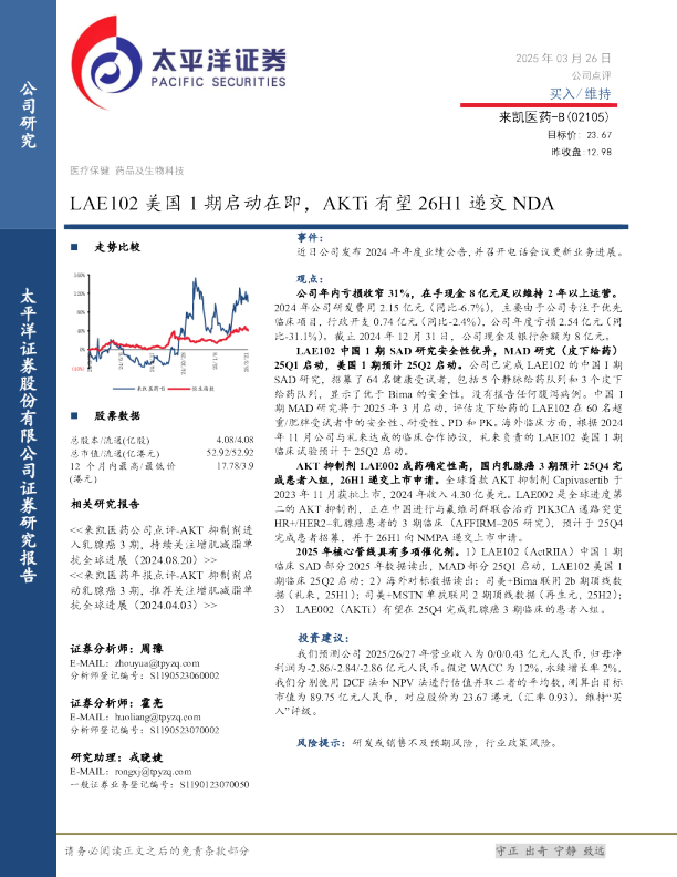 LAE102美国1期启动在即，AKTi有望26H1递交NDA
