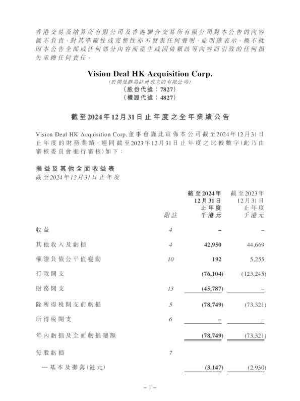 VISION DEAL-Z：截至2024年12月31日止年度之全年业绩公告