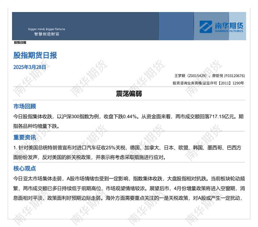 股指期货日报:震荡偏弱