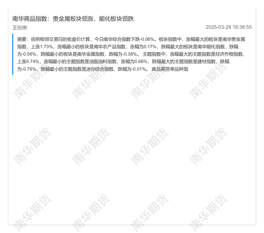 南华商品指数：贵金属板块领涨，能化板块领跌