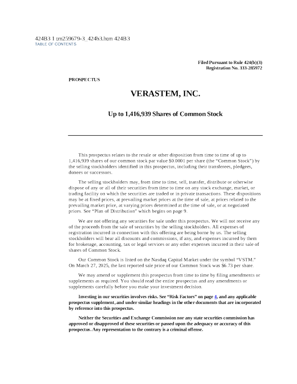 Verastem Inc美股招股说明书(2025-03-28版)