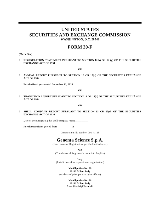 Genenta Science SpA ADR 2025年年度报告和过渡报告