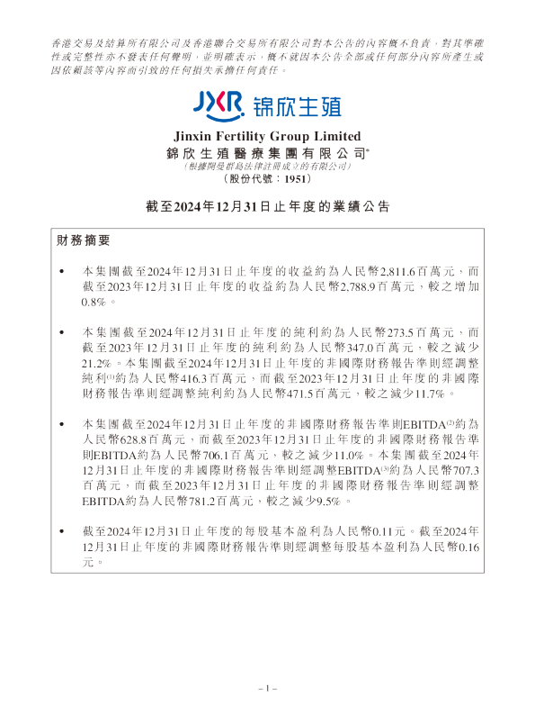 锦欣生殖：截至2024年12月31日止年度的业绩公告