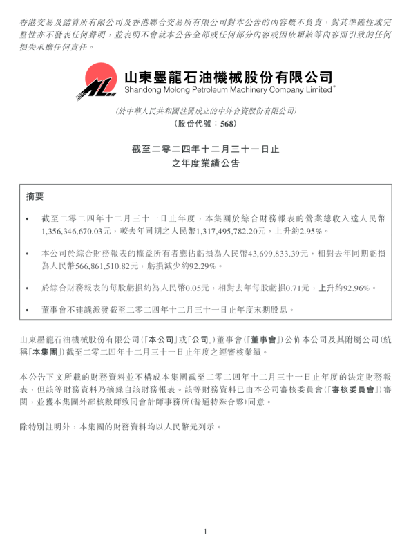 山东墨龙:截至二零二四年十二月三十一日止之年度业绩公告