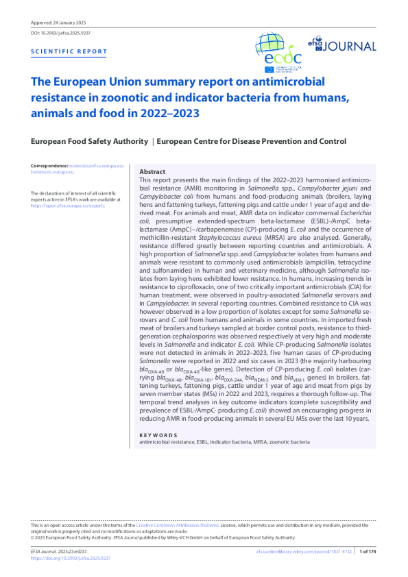 欧盟关于人类、动物及食品中人畜共患与指示细菌抗菌药物耐药性的2022–2023年总结报告