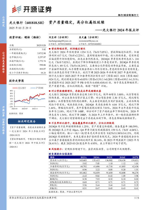 光大银行2024年报点评：资产质量稳定，高分红属性延续