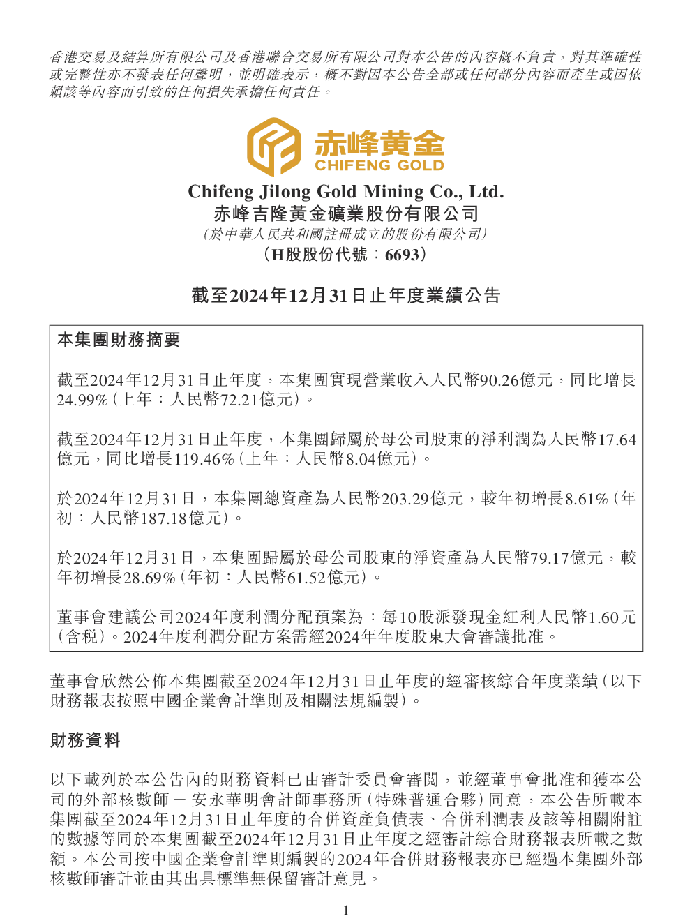 赤峰黄金：截至2024年12月31日止年度业绩公告