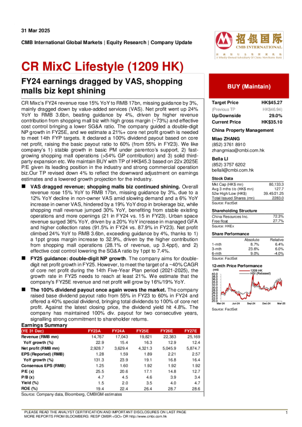 2024年收益受VAS拖累，购物中心业务继续保持光亮。