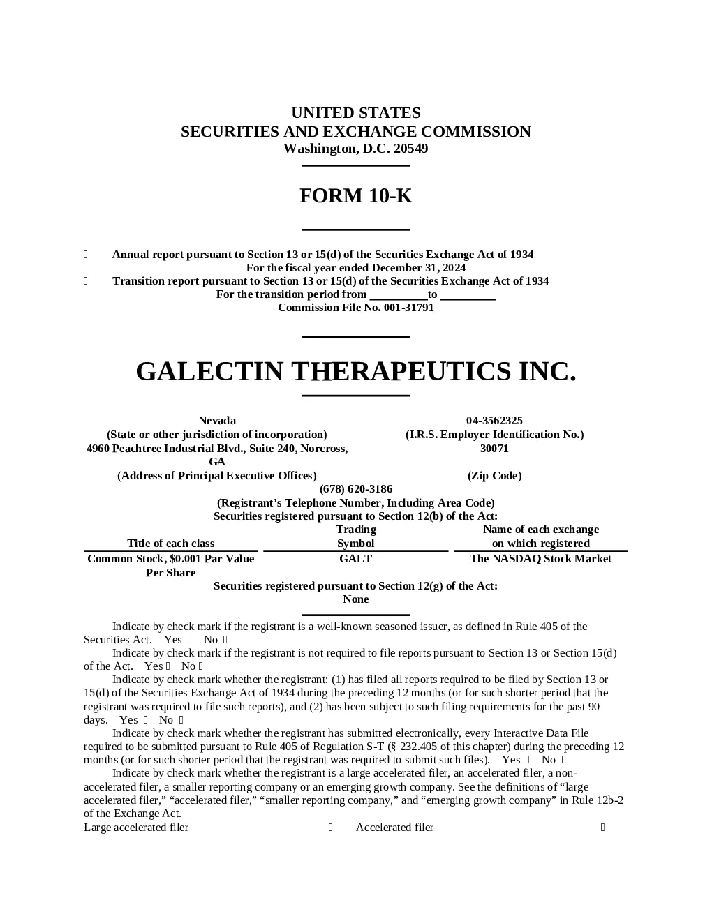 Galectin Therapeutics Inc 2024年度报告