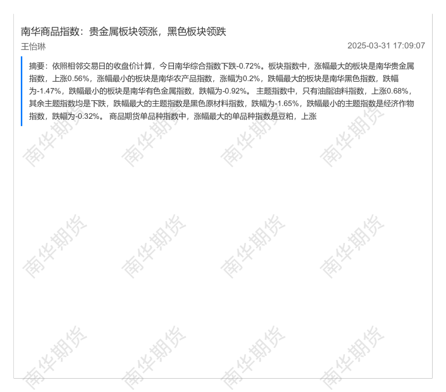南华商品指数：贵金属板块领涨，黑色板块领跌
