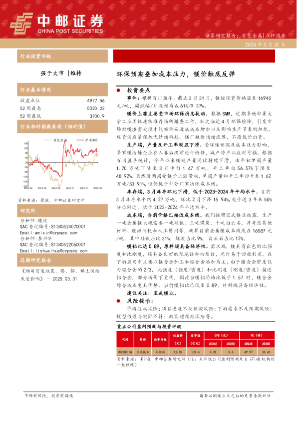 有色金属：环保预期叠加成本压力，镁价触底反弹