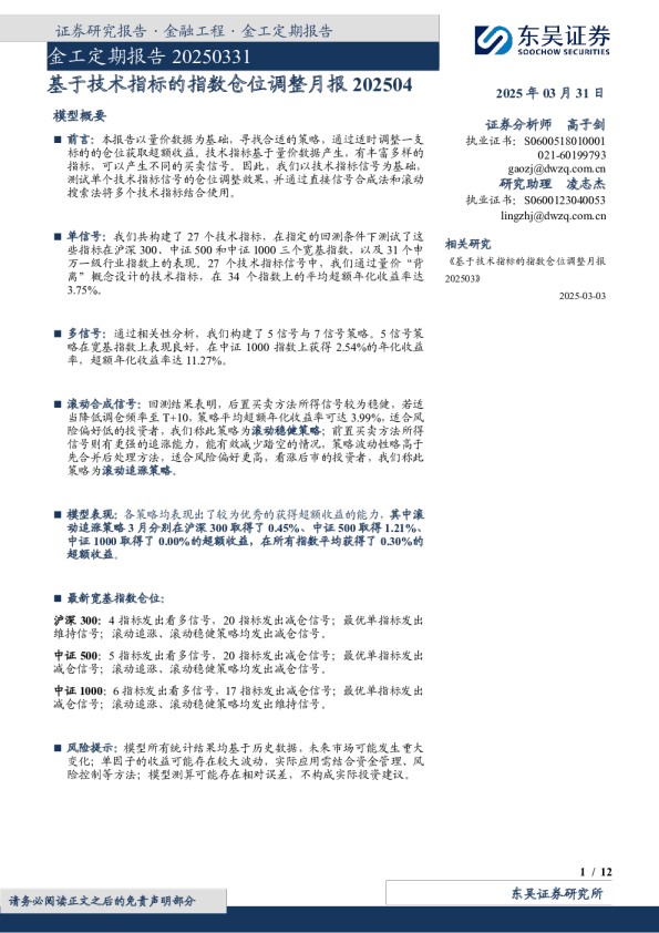 金工定期报告：基于技术指标的指数仓位调整月报
