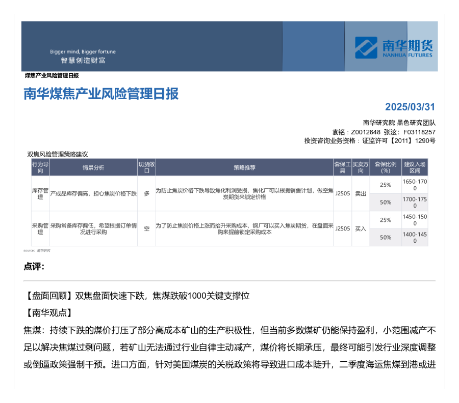 南华煤焦产业风险管理日报
