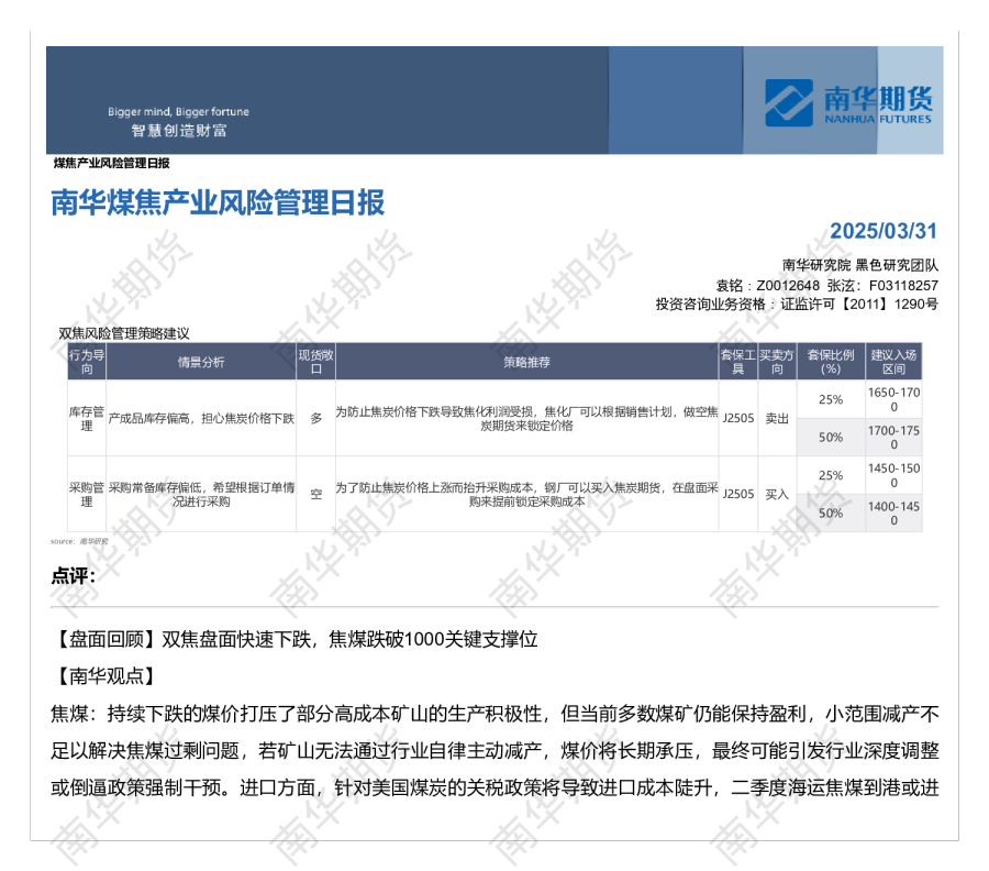 南华煤焦产业风险管理日报20250331