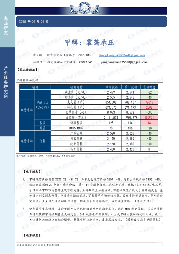 甲醇：震荡承压