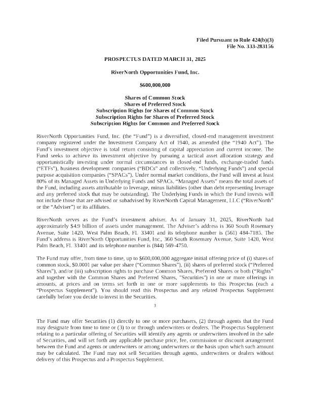 RiverNorth Opportunities Fund Inc Pfd-A美股招股说明书(2025-04-01版)