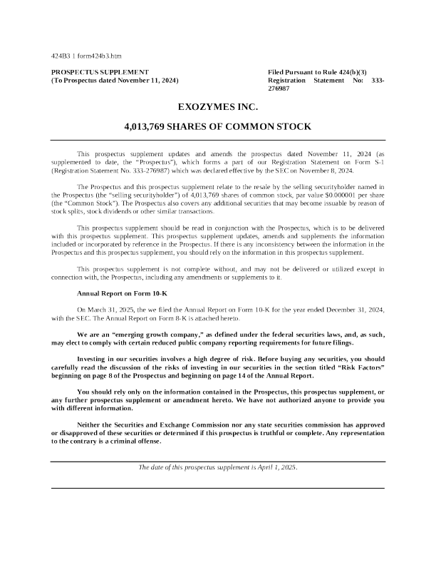 eXoZymes Inc美股招股说明书(2025-04-01版)