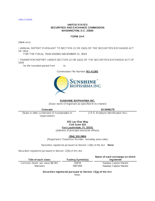 Sunshine Biopharma Inc 2024年年度报告