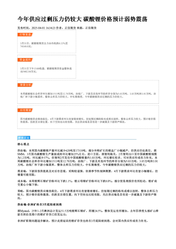 今年供应过剩压力仍较大 碳酸锂价格预计弱势震荡