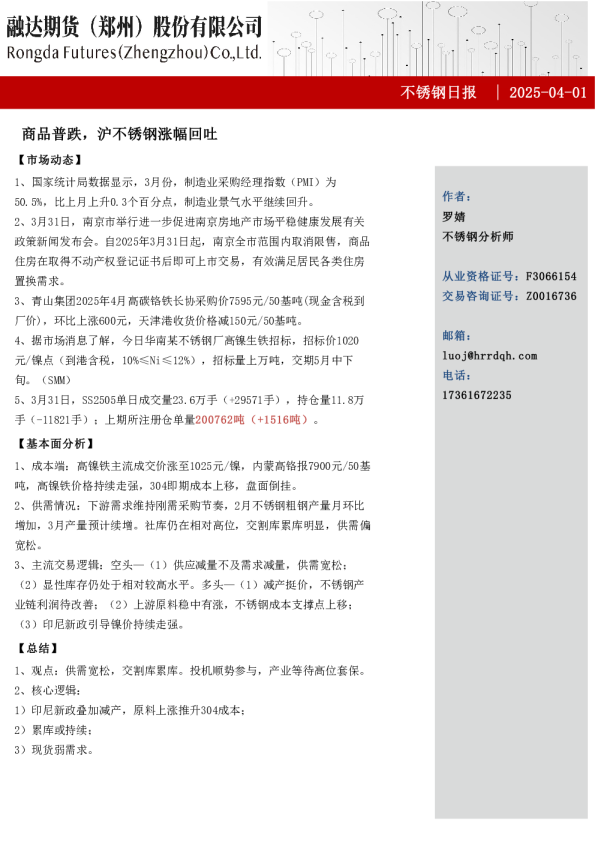 不锈钢日报-商品普跌，沪不锈钢涨幅回吐