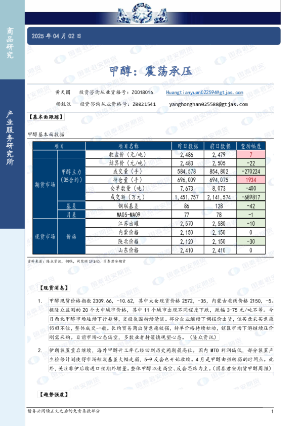 甲醇：震荡承压