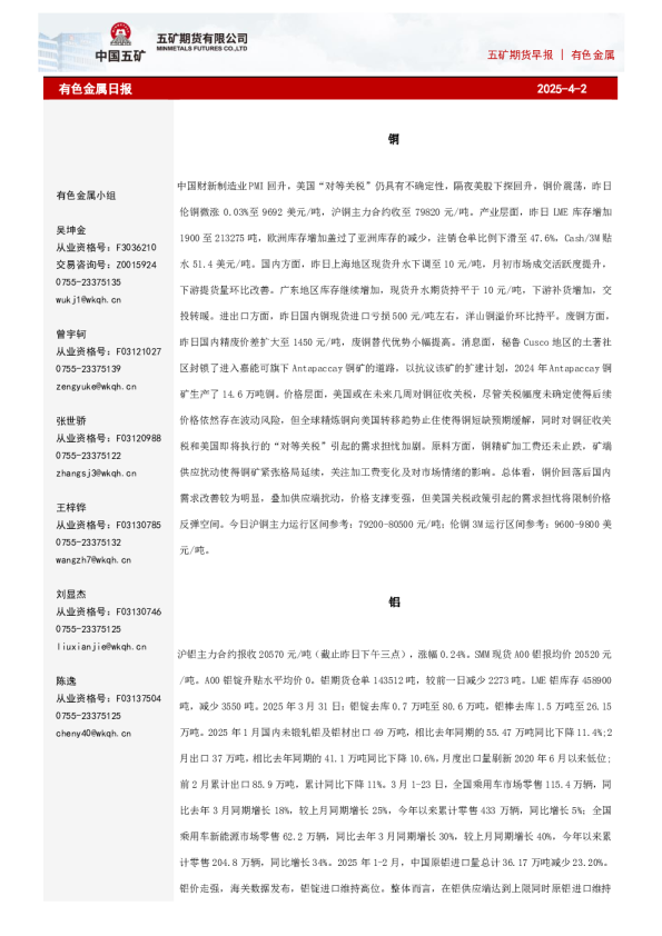 五矿期货早报有色金属