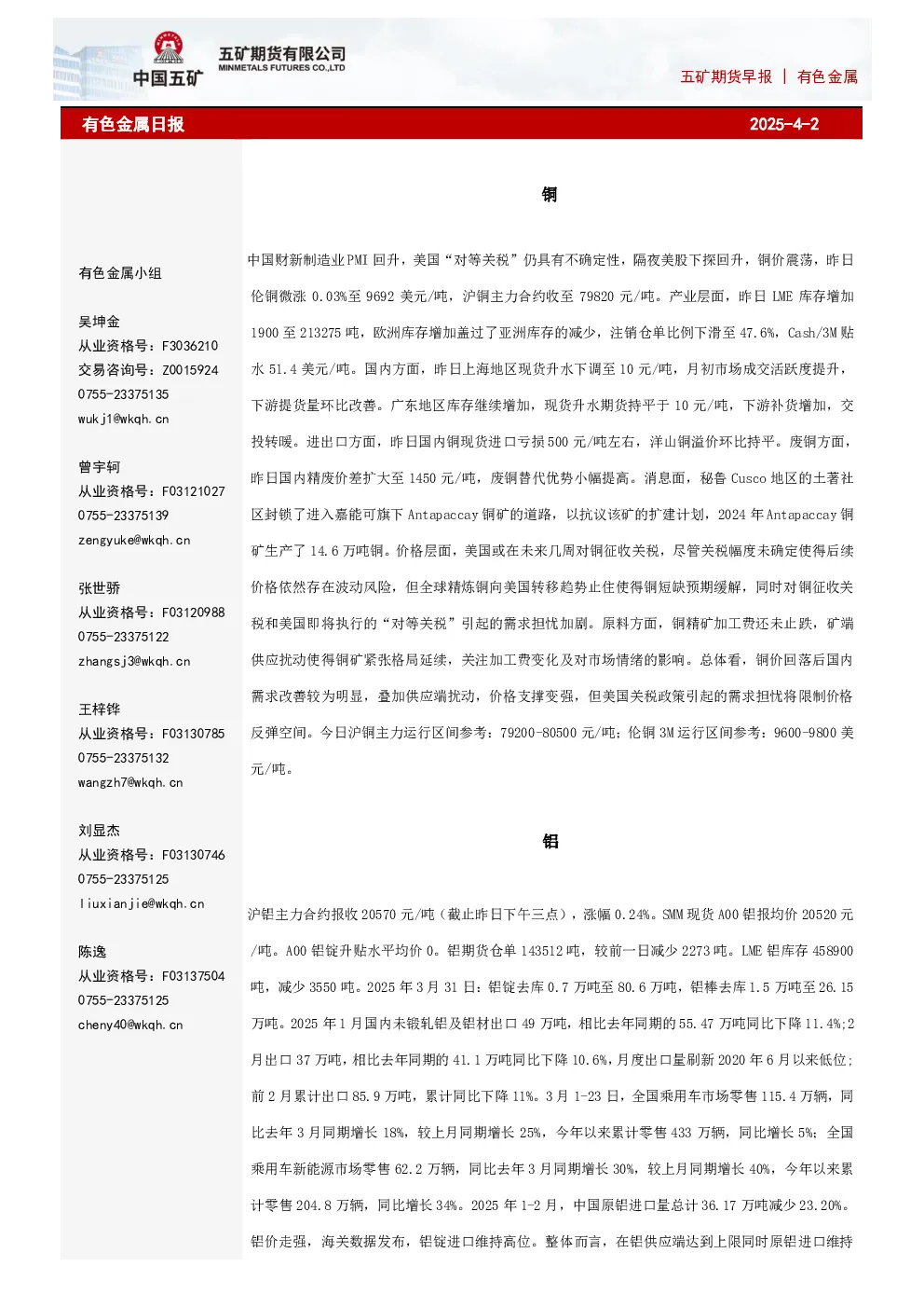 五矿期货早报有色金属